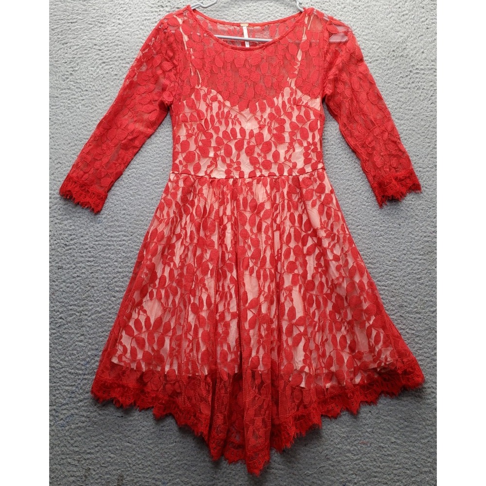 Free People Mesh Lace Dress Womens 0 Red Floral Long Sleeve Cocktail Boho Chic